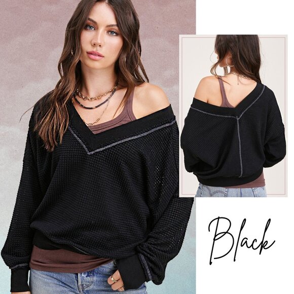 The Willow Waffle Knit Weekend Style V-Neck Sweater Top - Boho Fall Fashion Pick - Picture 5 of 8